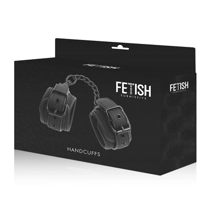 Close-up of the FETISH SUBMISSIVE Vegan Leather Cuffs with Neoprene Lining, ideal for BDSM and bondage, showcasing its texture and features.