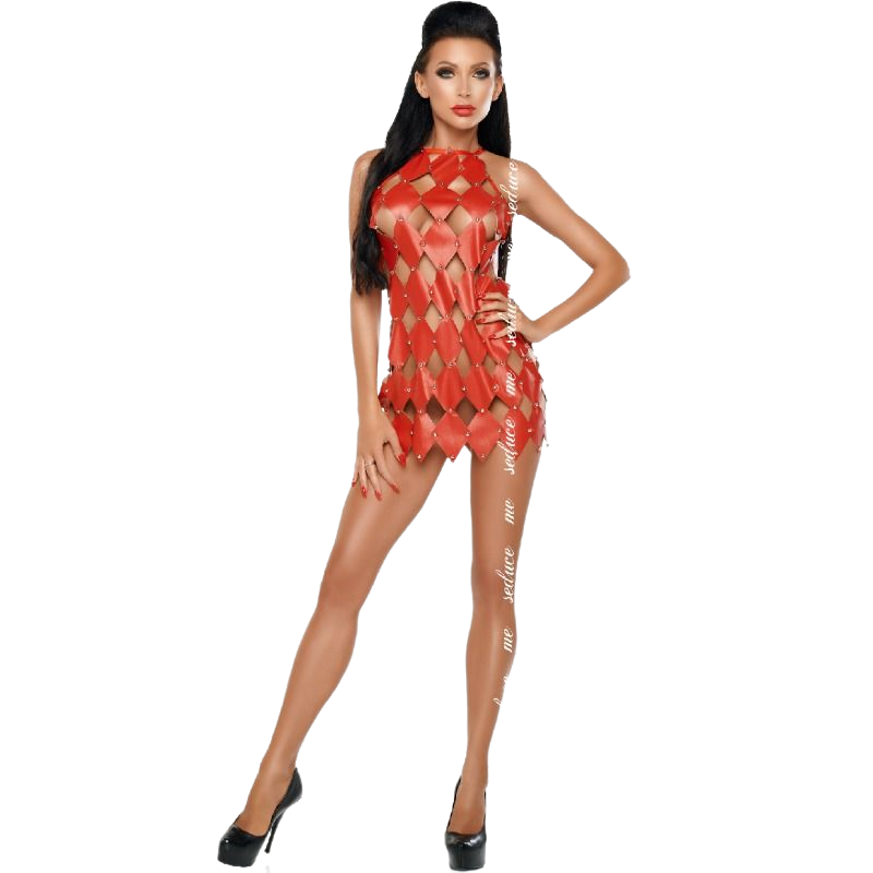 Imagem do Vestido Gwen ME-SEDUCE de costas nuas, em vermelho, com detalhes em padrão xadrez e tachas prateadas.