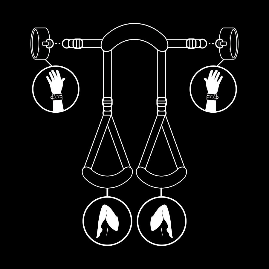 Conjunto Fetish Submissive de restrições de pernas abertas com algemas de neoprene e arnês de pescoço para BDSM.