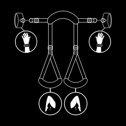 Conjunto Fetish Submissive de restrições de pernas abertas com algemas de neoprene e arnês de pescoço para BDSM.