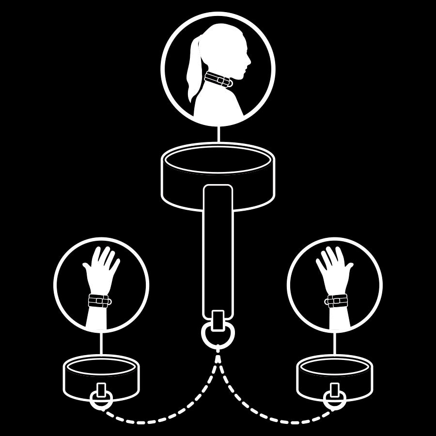 Detalhe do conjunto de coleira e algemas FETISH SUBMISSIVE em couro vegano com forro de neoprene para bondage.