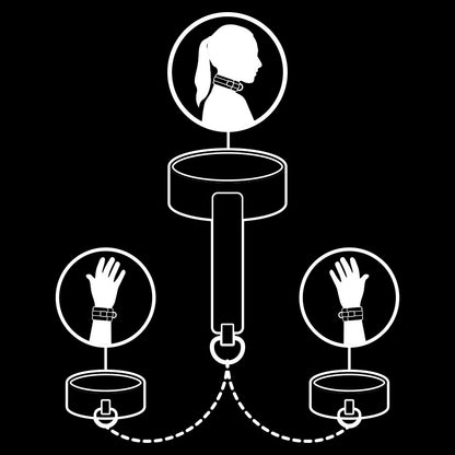 Detalhe do conjunto de coleira e algemas FETISH SUBMISSIVE em couro vegano com forro de neoprene para bondage.