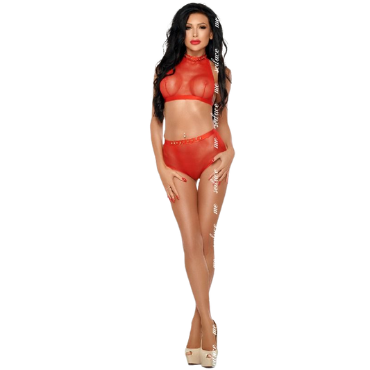 Conjunto de lingerie ME-SEDUCE Mona Vermelho S/M, destacando o design burlesco em tule e os detalhes dourados.