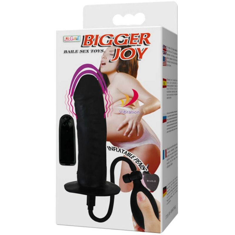 Pênis Inflável Vibrador Baile Bigger Joy 16cm, detalhe da textura e bomba de ar.