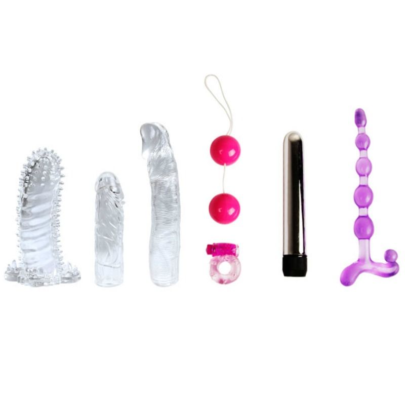 Close-up of the BAILE Kit Fantasia Vibradores e Acessórios de Prazer 7 Peças, showcasing its contents and textures.