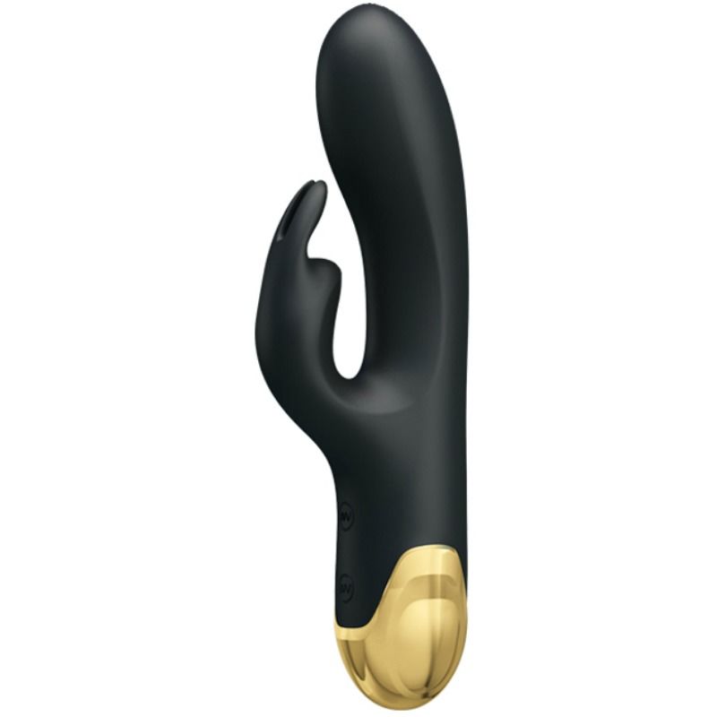 Close-up do Vibrador Duplo Inteligente PRETTY LOVE, mostrando seu design elegante, material de silicone e detalhes metálicos dourados.
