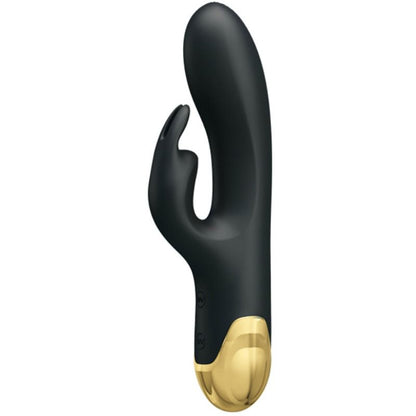 Close-up do Vibrador Duplo Inteligente PRETTY LOVE, mostrando seu design elegante, material de silicone e detalhes metálicos dourados.