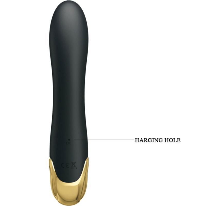 Close-up do Vibrador Duplo Inteligente PRETTY LOVE, mostrando seu design elegante, material de silicone e detalhes metálicos dourados.