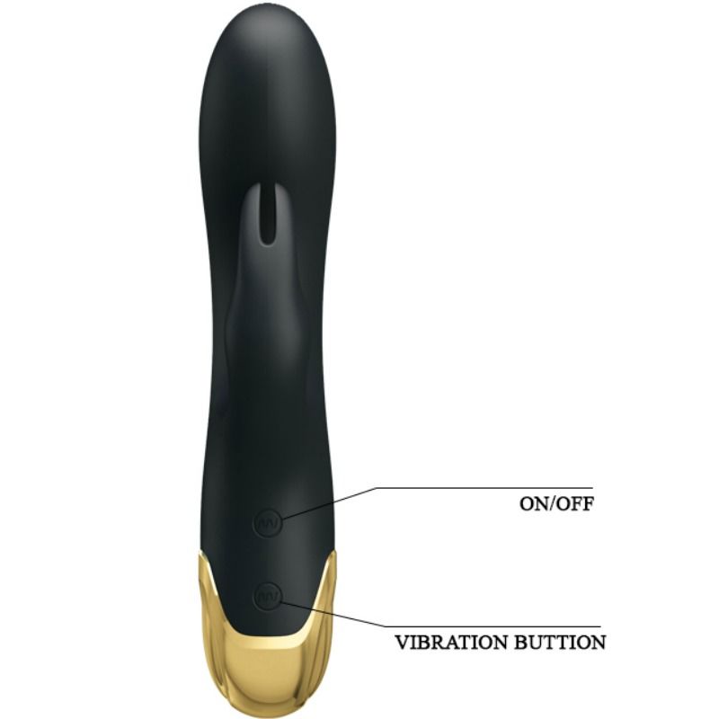 Close-up do Vibrador Duplo Inteligente PRETTY LOVE, mostrando seu design elegante, material de silicone e detalhes metálicos dourados.