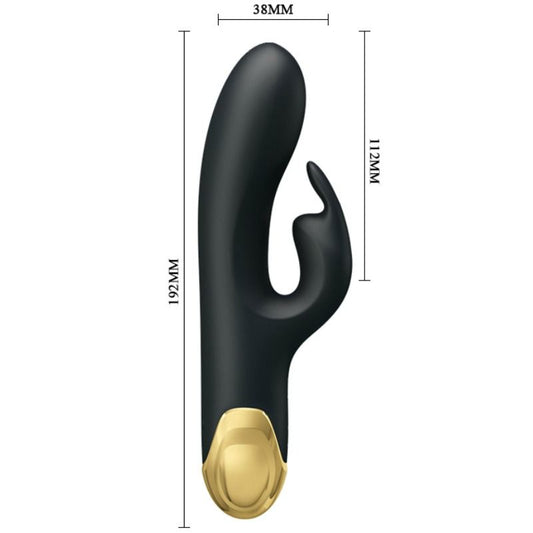Close-up do Vibrador Duplo Inteligente PRETTY LOVE, mostrando seu design elegante, material de silicone e detalhes metálicos dourados.