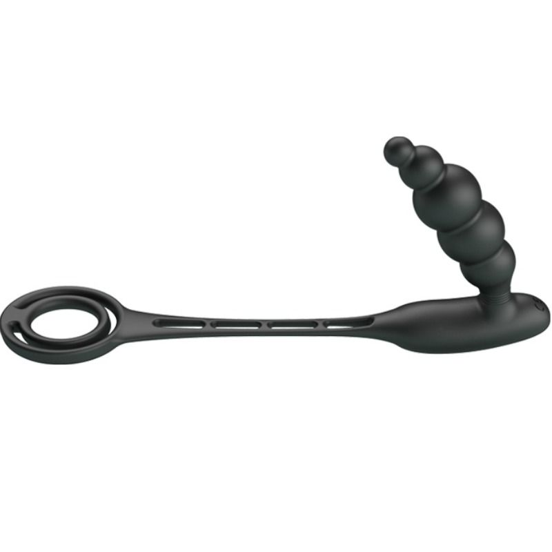 Close-up do PRETTY LOVE Anel Peniano com Plug Vibrador de Próstata e 12 Funções, mostrando o design e material de silicone.