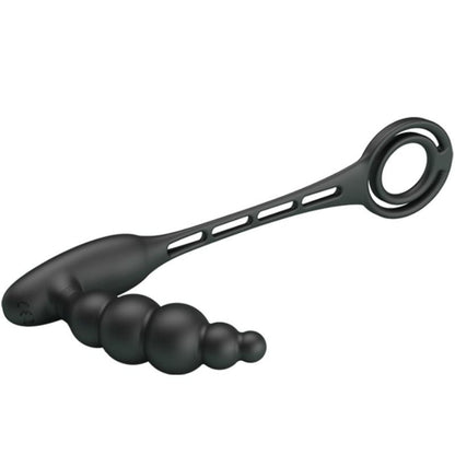 Close-up do PRETTY LOVE Anel Peniano com Plug Vibrador de Próstata e 12 Funções, mostrando o design e material de silicone.