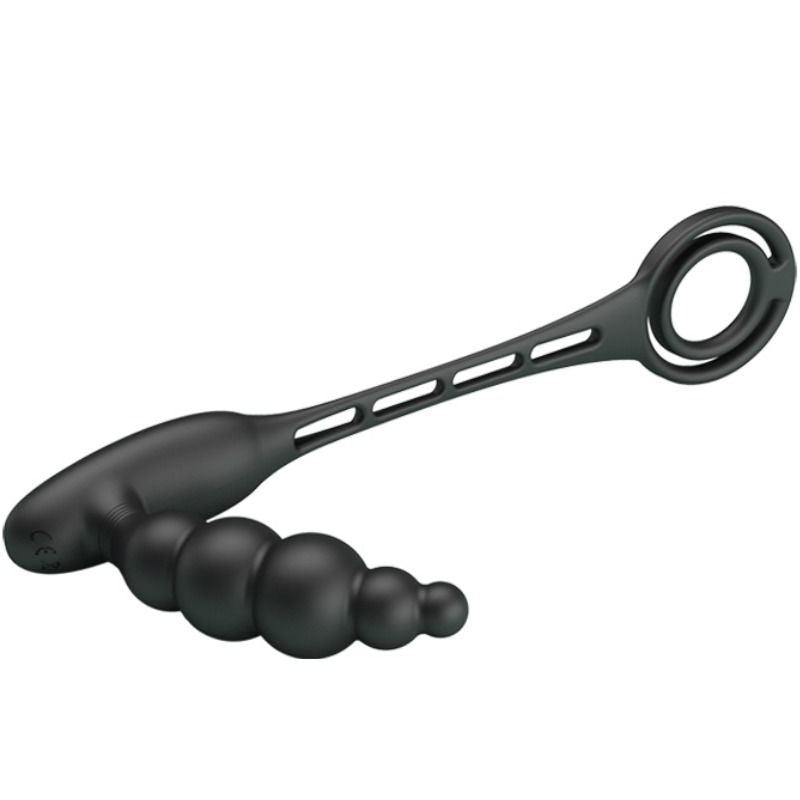 Close-up do PRETTY LOVE Anel Peniano com Plug Vibrador de Próstata e 12 Funções, mostrando o design e material de silicone.