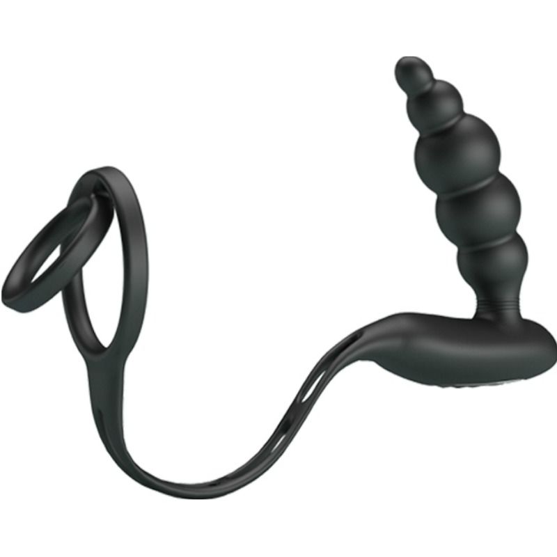 Close-up do PRETTY LOVE Anel Peniano com Plug Vibrador de Próstata e 12 Funções, mostrando o design e material de silicone.