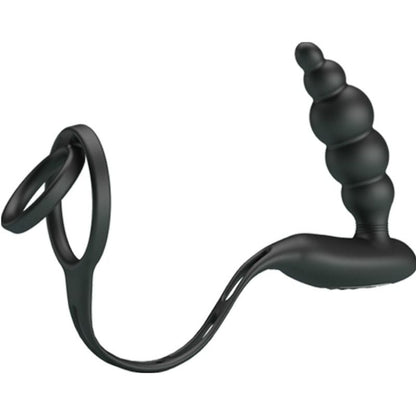 Close-up do PRETTY LOVE Anel Peniano com Plug Vibrador de Próstata e 12 Funções, mostrando o design e material de silicone.