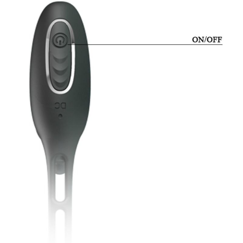 Close-up do PRETTY LOVE Anel Peniano com Plug Vibrador de Próstata e 12 Funções, mostrando o design e material de silicone.