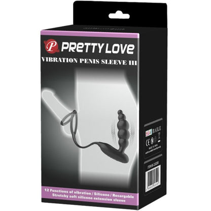 Close-up do PRETTY LOVE Anel Peniano com Plug Vibrador de Próstata e 12 Funções, mostrando o design e material de silicone.