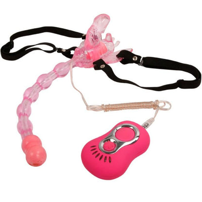 Detalhe do BAILE Vibrador Borboleta Tripla Estimulação com Controle Remoto, mostrando seu design flexível e tiras ajustáveis.
