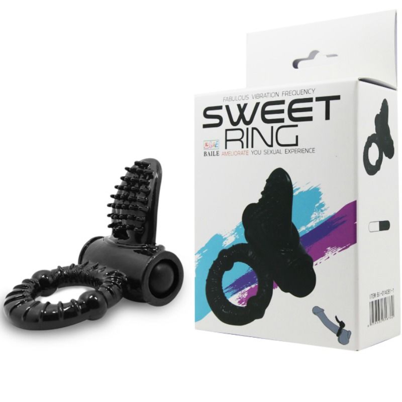 Anel vibrante BAILE Sweet Ring com coelho texturado para estimulação clitoriana e peniana, em silicone preto.