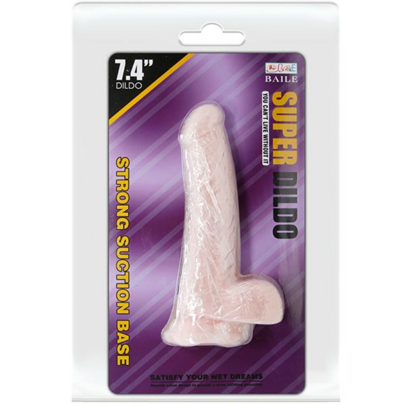 Dildo natural super realista BAILE de 18.8 CM com ventosa, mostrando textura e detalhes.