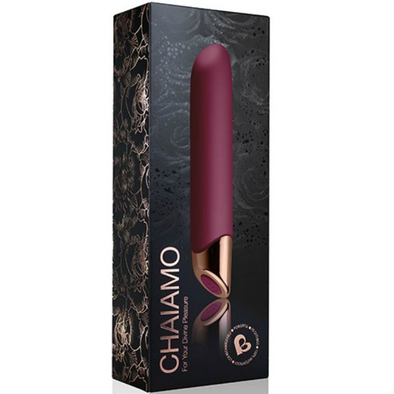 Detalhe do Vibrador ROCKS-OFF Chaiamo Bordeaux, mostrando seu design elegante e ponta cônica para estimulação precisa.