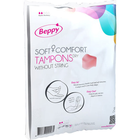 Embalagem de BEPPY Tampões SOFT-COMFORT SECO 30 Unidades, mostrando o produto e detalhes.