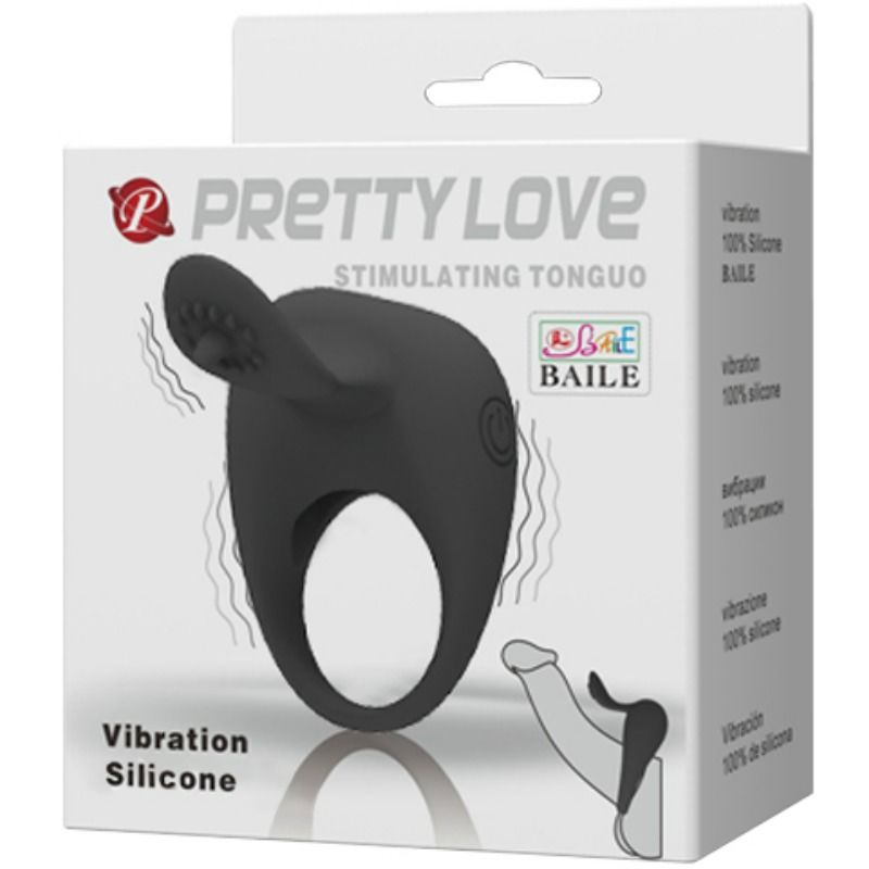 Anel Vibrador PRETTY LOVE com Língua Estimuladora em silicone macio, ideal para prazer a dois.
