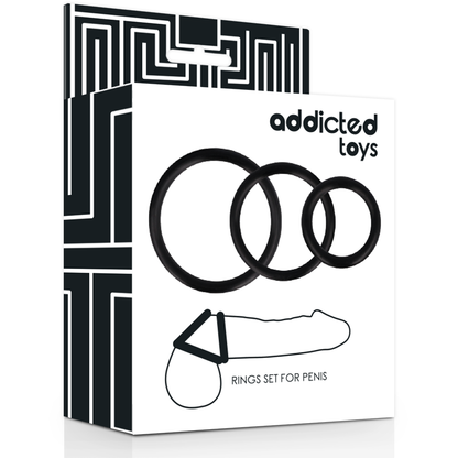 Imagem de um conjunto de 3 anéis penianos superelásticos Addicted Toys na cor preta, mostrando os diferentes diâmetros.