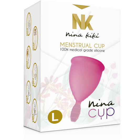 Copo Menstrual NINA KIKÍ Rosa, Tamanho L, para higiene íntima feminina.