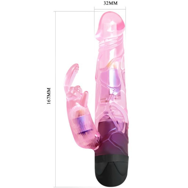 Close-up do Vibrador Coelho Rosa BAILE com 10 modos de vibração para estimulação dupla.