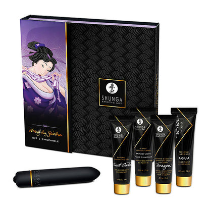Shunga Kit Geixa Safada para Casais com lubrificante, géis e bala vibratória, pronto para experiências sensoriais.