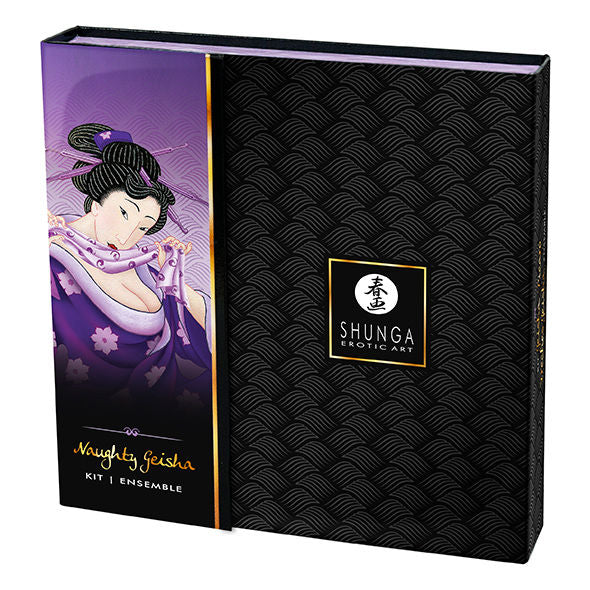 Shunga Kit Geixa Safada para Casais com lubrificante, géis e bala vibratória, pronto para experiências sensoriais.