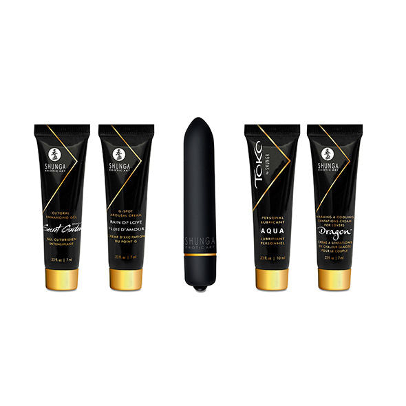 Shunga Kit Geixa Safada para Casais com lubrificante, géis e bala vibratória, pronto para experiências sensoriais.