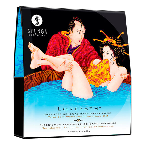Embalagem do SHUNGA Banho de Amor Oceano, exibindo o produto e seus detalhes para uma experiência sensual.