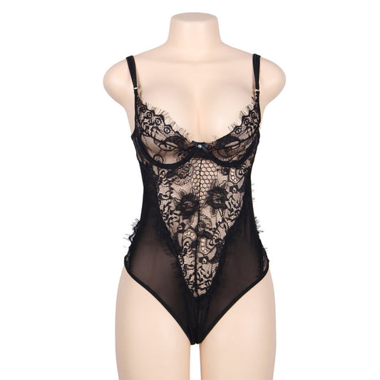 Ursinho de lingerie Subblime Queen Plus com renda floral e peluche preta