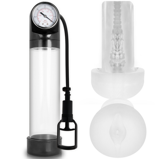 Close-up of the Pump Addicted Bomba Peniana RX9 Transparente com Masturbador showing its design and features.