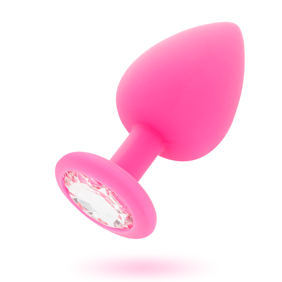 Plug anal Intense Shelki S fúcsia em silicone médico, com base em diamante, visto de perto.