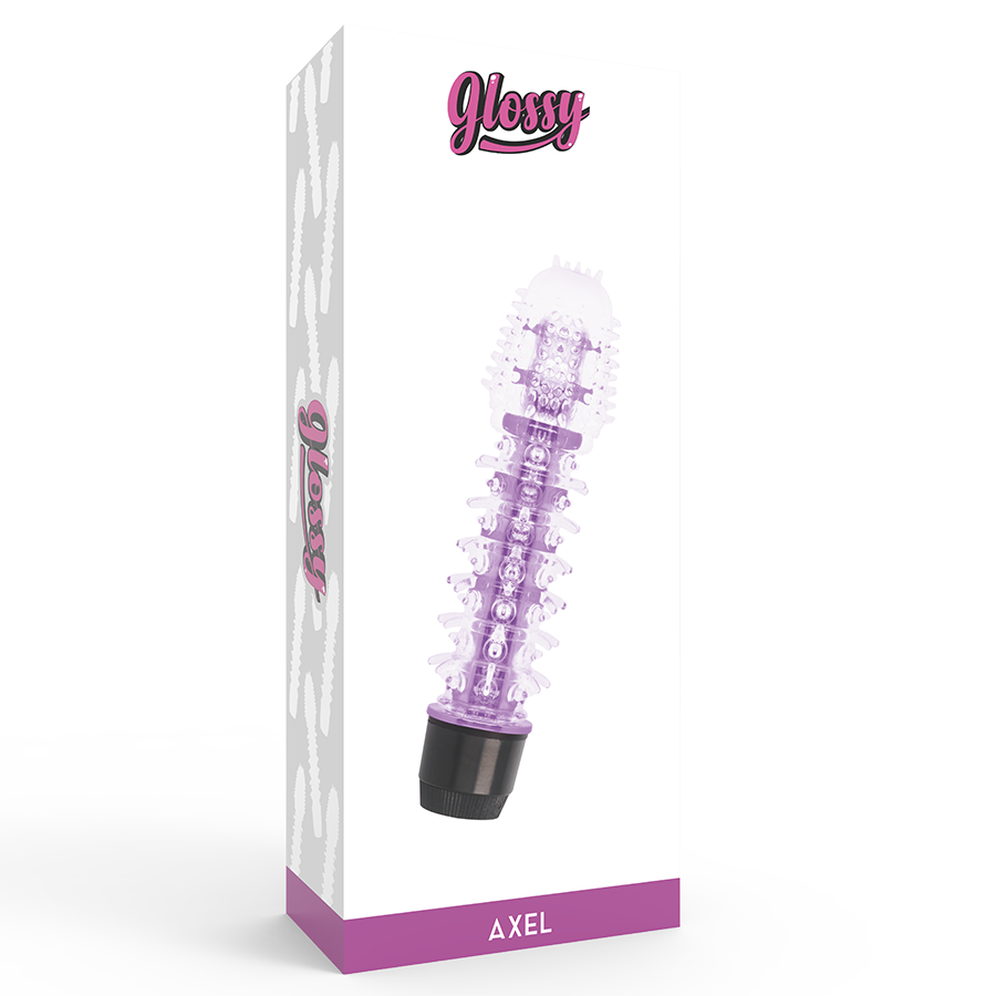 Close-up do vibrador GLOSSY Axel Lilás, mostrando seu design ergonómico e material suave.