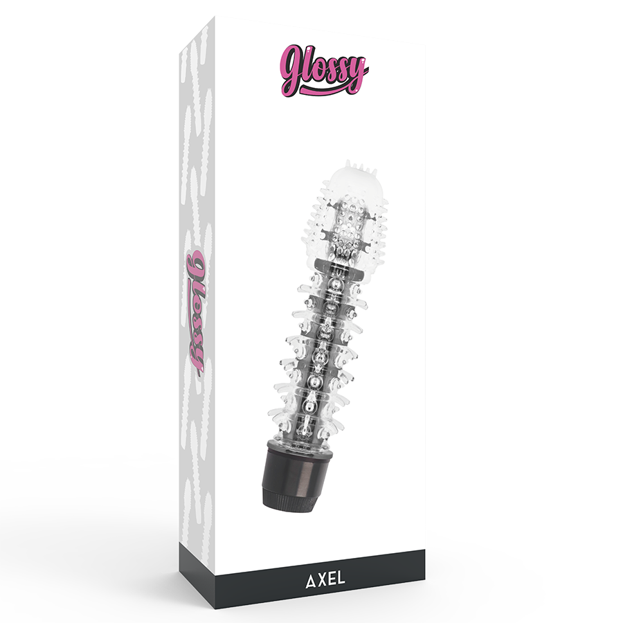 Close-up do GLOSSY Vibrador Axel Preto, destacando seu design ergonômico e material TPE Platinum.