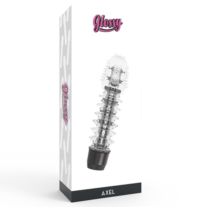 Close-up do GLOSSY Vibrador Axel Preto, destacando seu design ergonômico e material TPE Platinum.