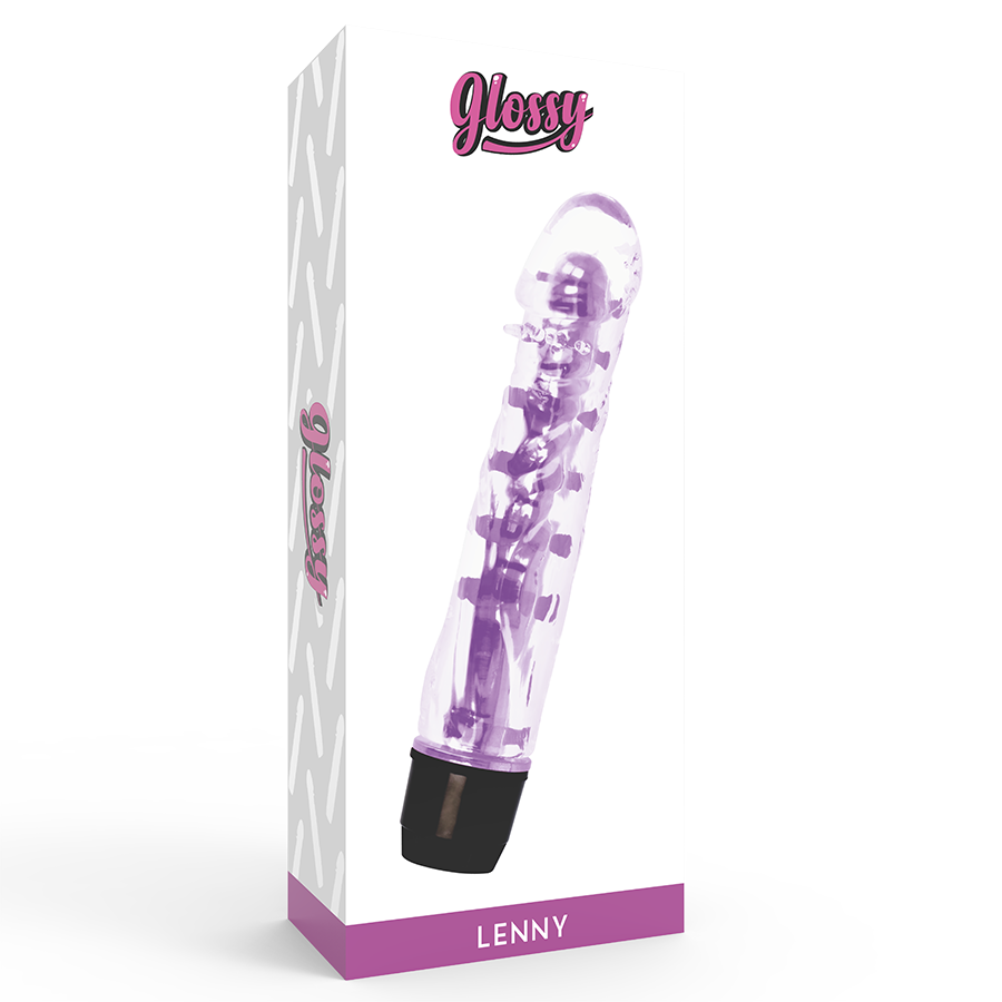 Close-up do Vibrador GLOSSY Lenny Roxo, destacando seu design ergonômico e material TPE.