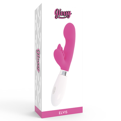 Close-up do vibrador coelho GLOSSY Elvi Rosa, mostrando seu design ergonómico e material de silicone.