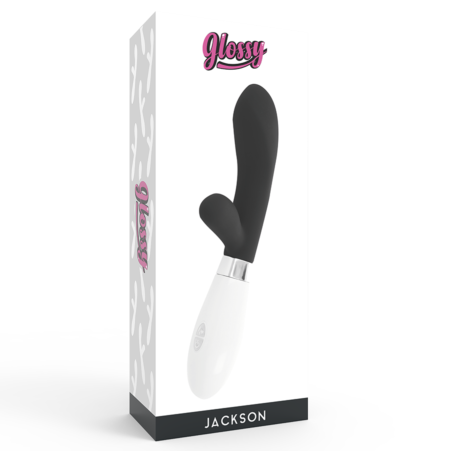 Vibrador Glossy Jackson Coelho Preto de silicone com estimulador clitoriano e motor duplo