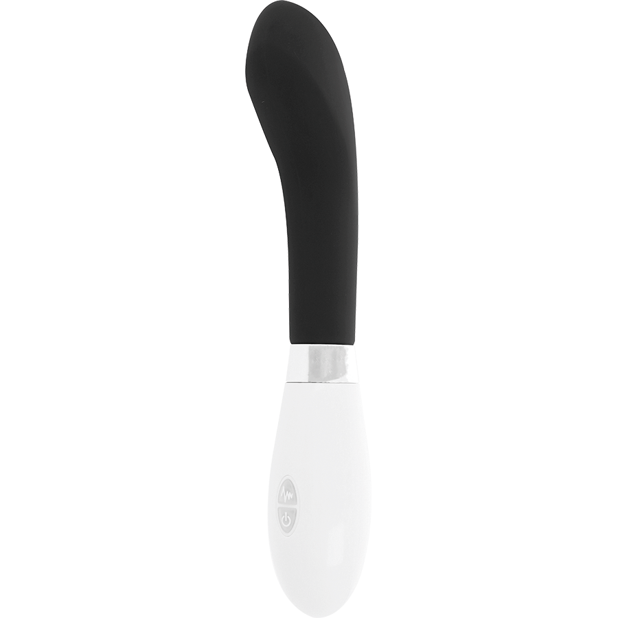 Vibrador GLOSSY John Curvo Preto com 10 funções, feito em silicone macio e à prova de água.