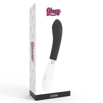Vibrador GLOSSY John Curvo Preto com 10 funções, feito em silicone macio e à prova de água.