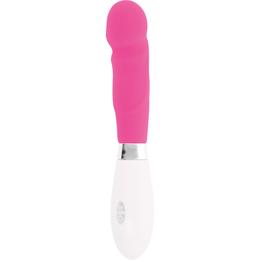 Close-up of the GLOSSY Vibrador Paul Rosa showing its realistic design and smooth, pink silicone texture.