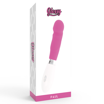 Close-up of the GLOSSY Vibrador Paul Rosa showing its realistic design and smooth, pink silicone texture.