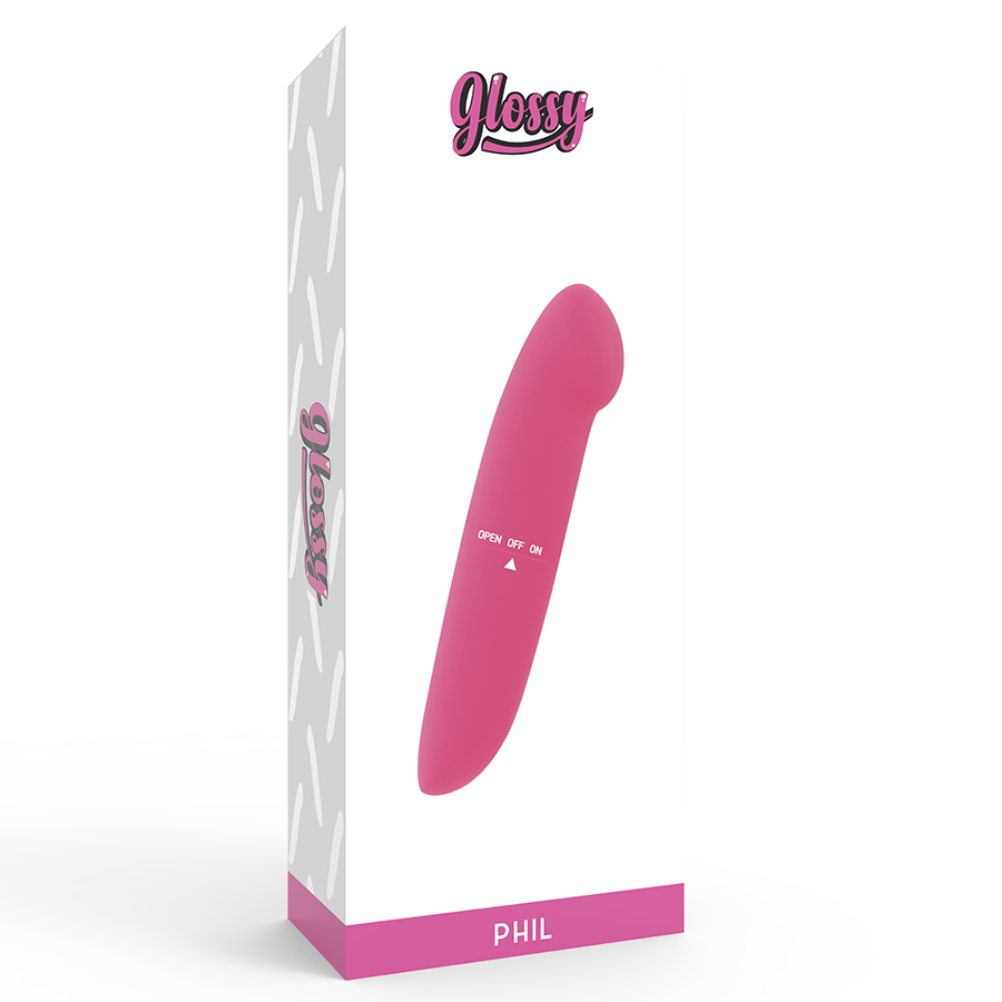 Close-up do Vibrador GLOSSY Phil Compacto Rosa, destacando seu design discreto e material sedoso.