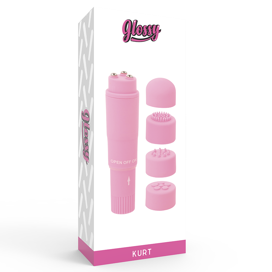 Close-up of the GLOSSY Mini Vibrador Kurt Rosa showing its compact design and interchangeable heads.