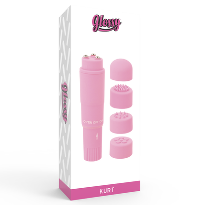 Close-up of the GLOSSY Mini Vibrador Kurt Rosa showing its compact design and interchangeable heads.